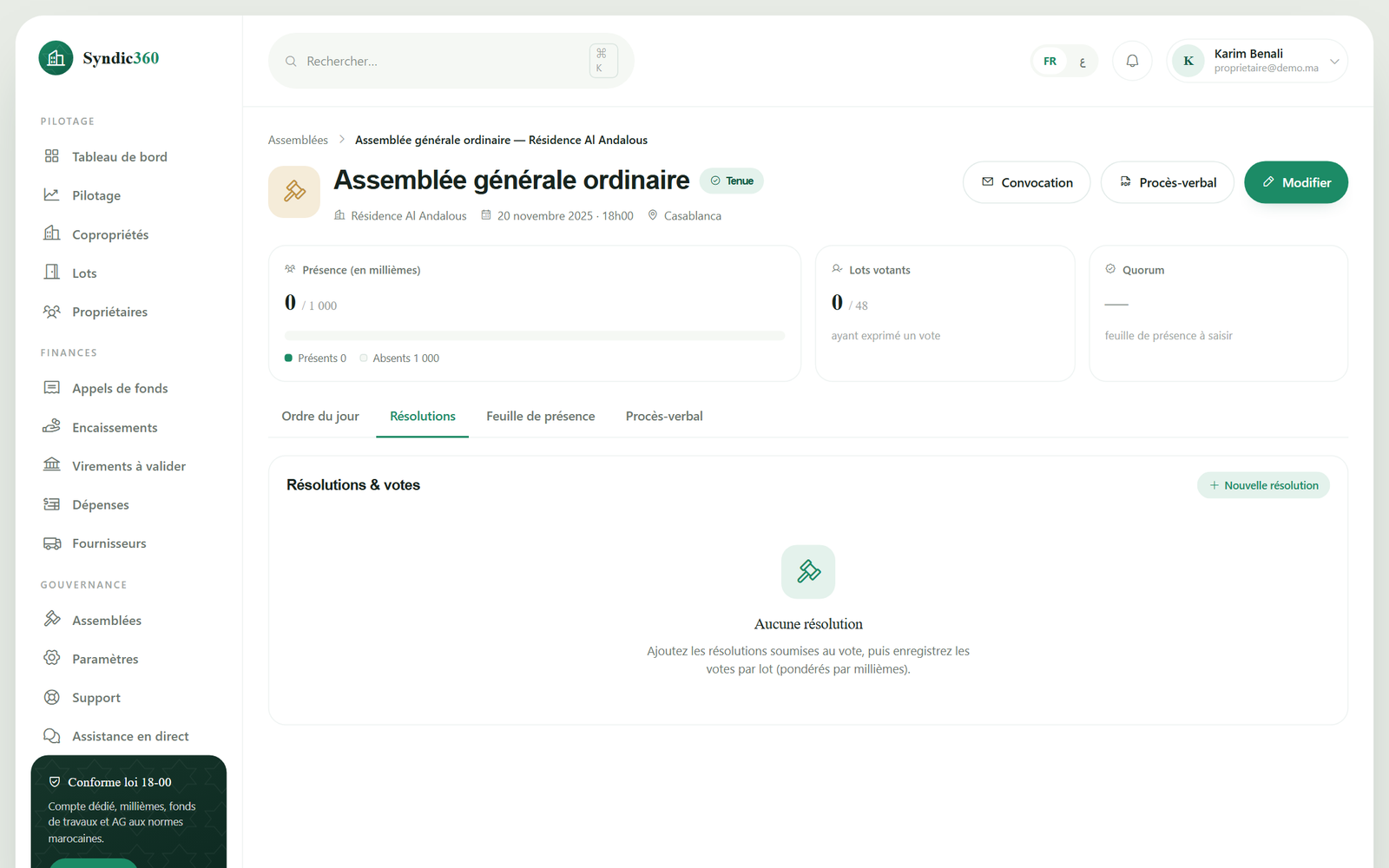 Le détail d'une AG : ordre du jour, votes pondérés par millièmes et procès-verbal.