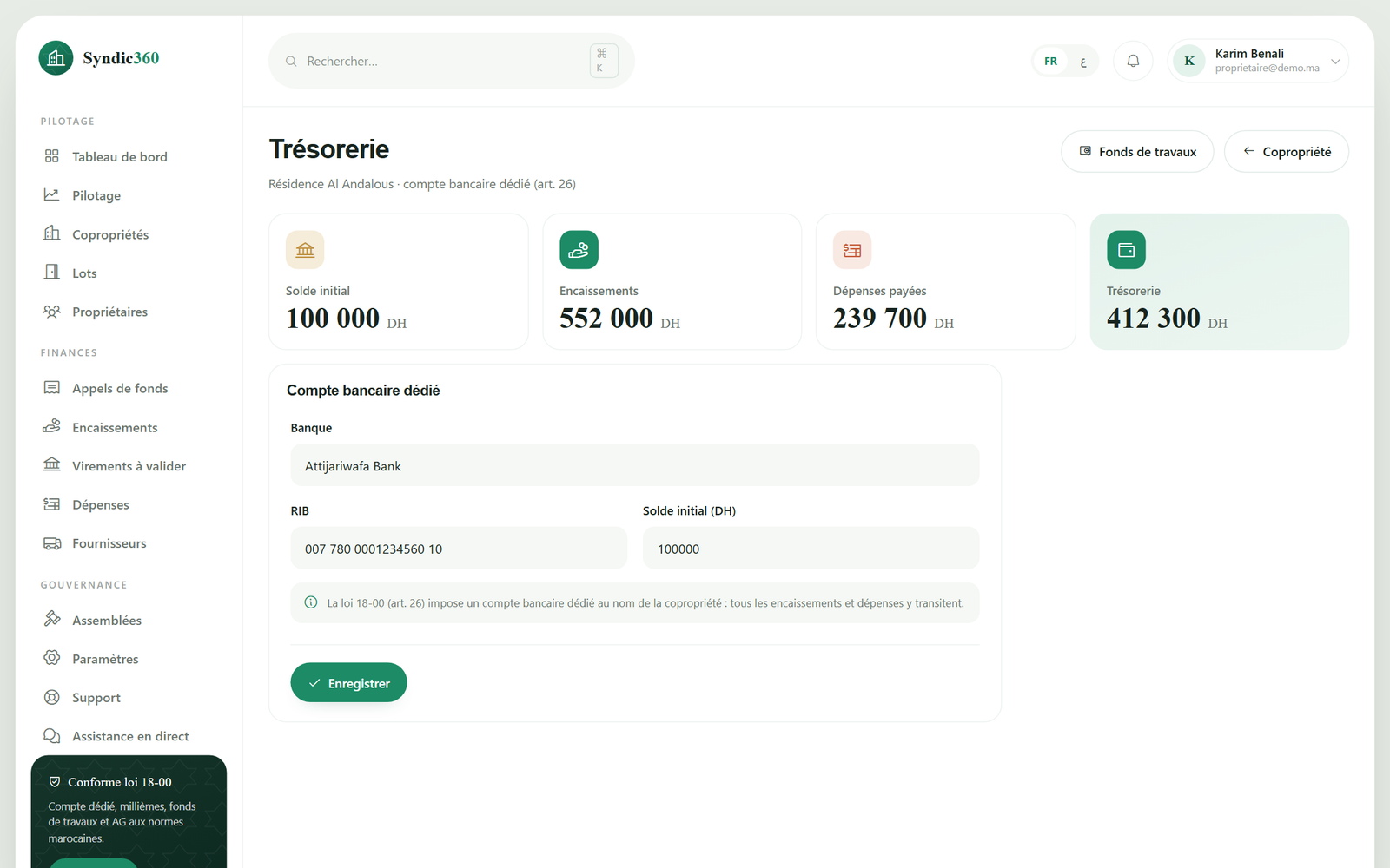 La trésorerie d'une copropriété : solde initial, encaissements, dépenses et compte bancaire dédié.